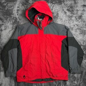 LL Bean Womens Large Red Grey Insulated Hooded Winter Jacket Colorblock Coat